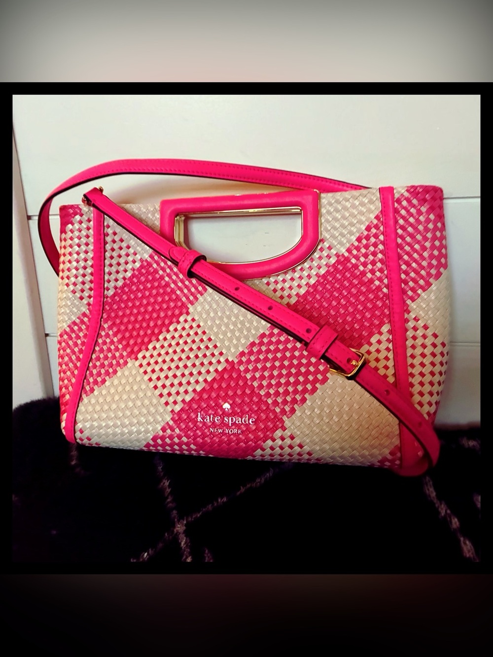 Kate Spade Alexia Gingham Oversized Woven Wild Rose Crossbody Clutch Bag KA785